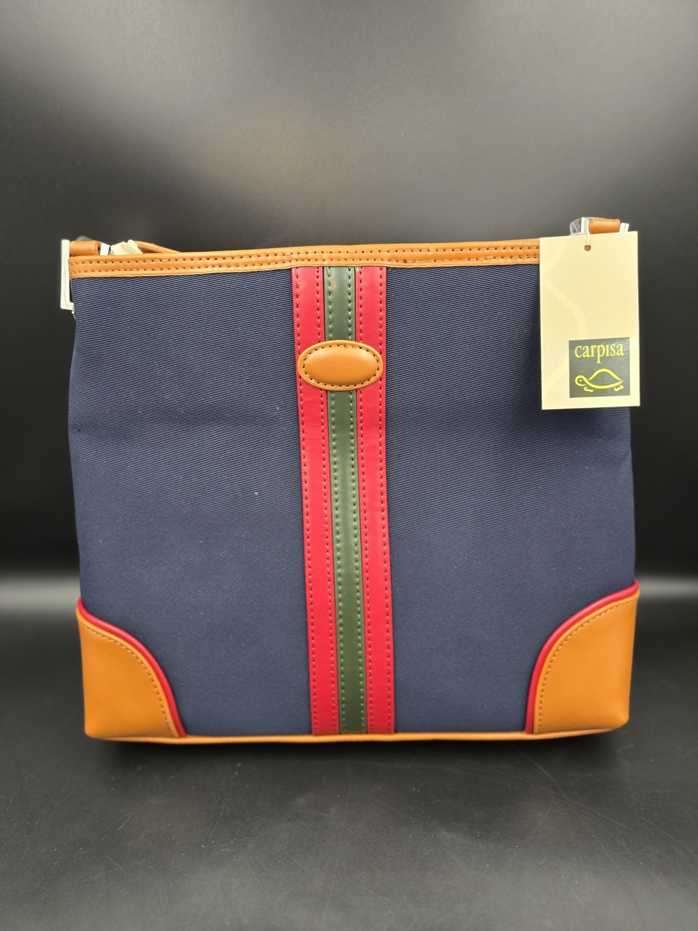 Carpisa Navy Crossbody Bag with Orange Trim and Red-Green Stripe